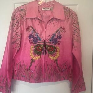 Vtg Anage 100% Silk Pink Ombre Beaded Butterfly Embroidered Zip Jacket Sz M